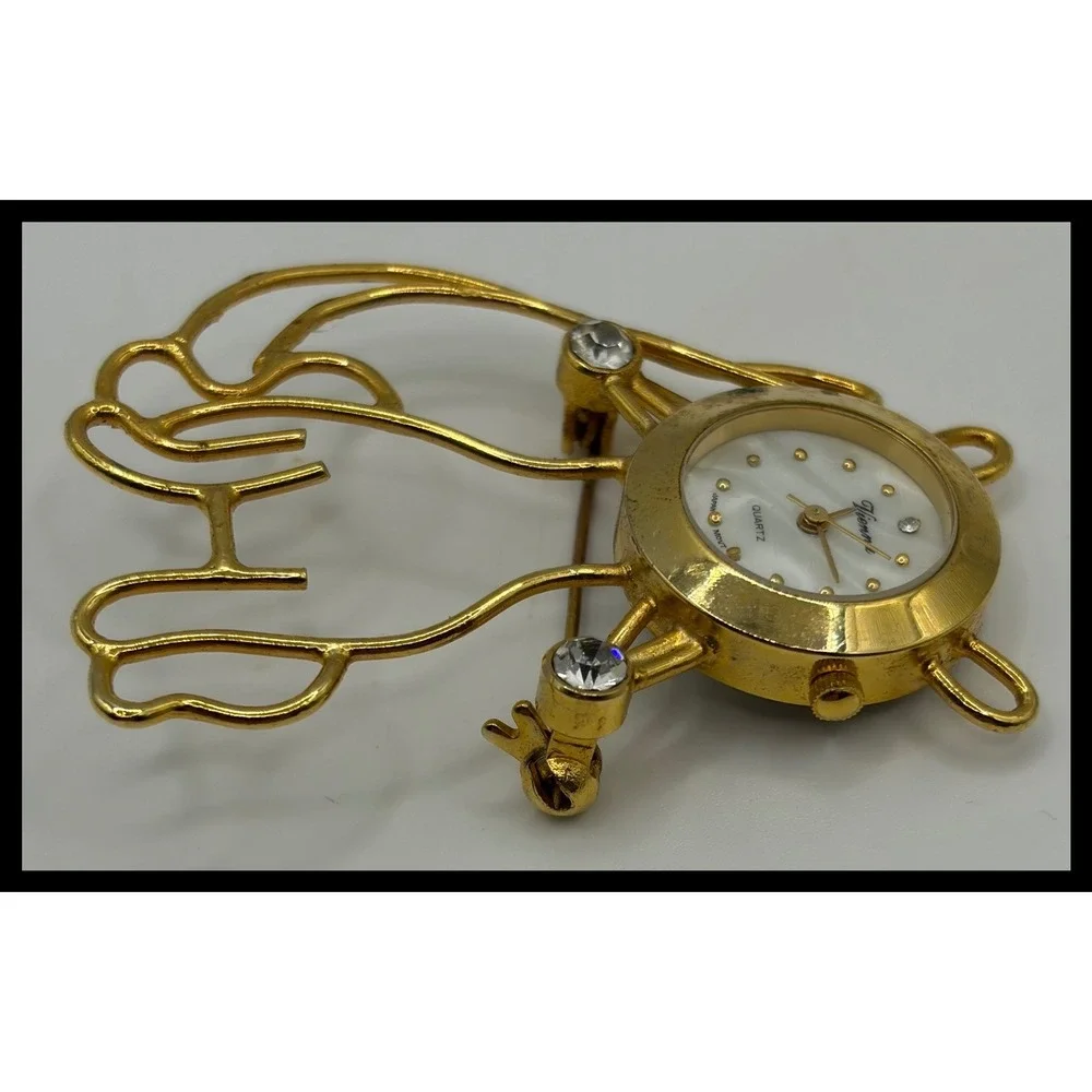 Vienna Cat Brooch Watch Womens Gold Tone Rhinestone Novelty Jewelry